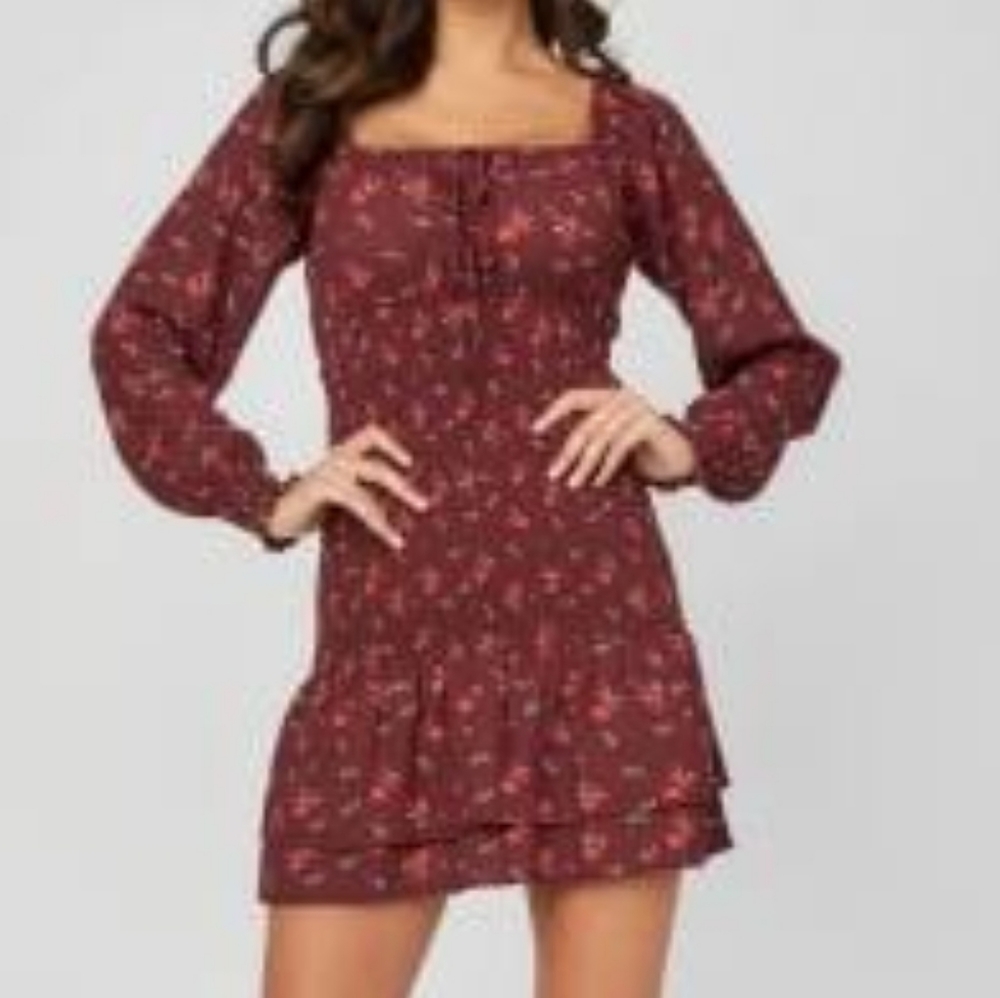 Guess Floral Wine Smocked Drop Waist Corset Mini Dress Long Sleeves Large